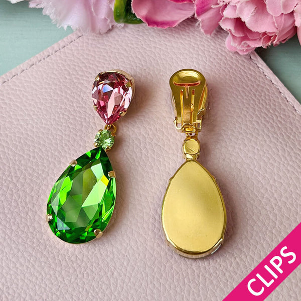 Funkelnde Ohrclips mit Glas-Kristallen in Grün und Rosa
