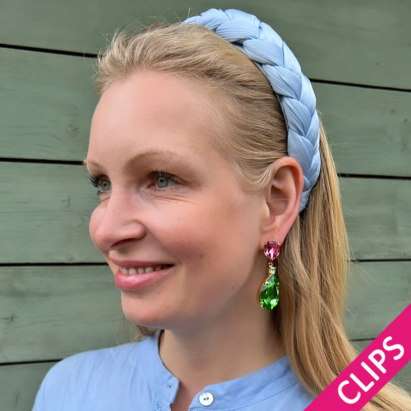 Funkelnde Ohrclips mit Glas-Kristallen in Grün und Rosa