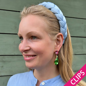 Funkelnde Ohrclips mit Glas-Kristallen in Grün und Rosa
