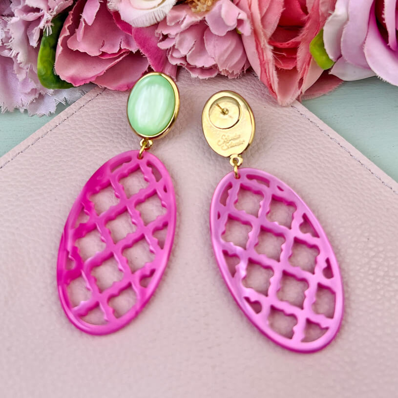 Vergoldete Ohrstecker in wunderschönem Hellgrün mit Oval in Pink im Marrakesch-Stil