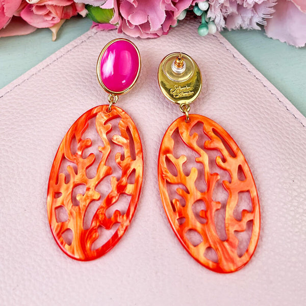Pinkfarbene Ohrstecker mit orangem Oval in Korallenoptik
