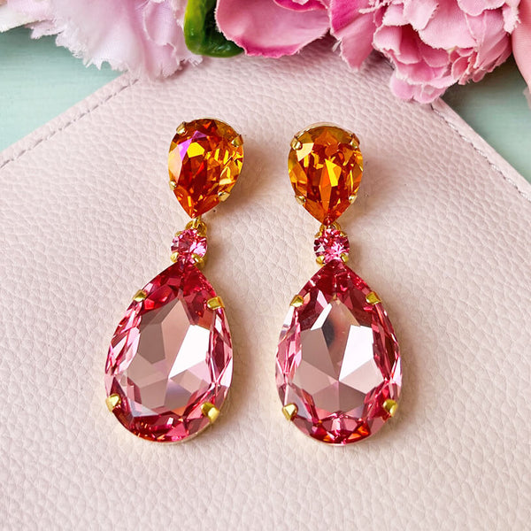 Funkelnde Ohrstecker mit Glas-Kristallen in Orange und Rosa