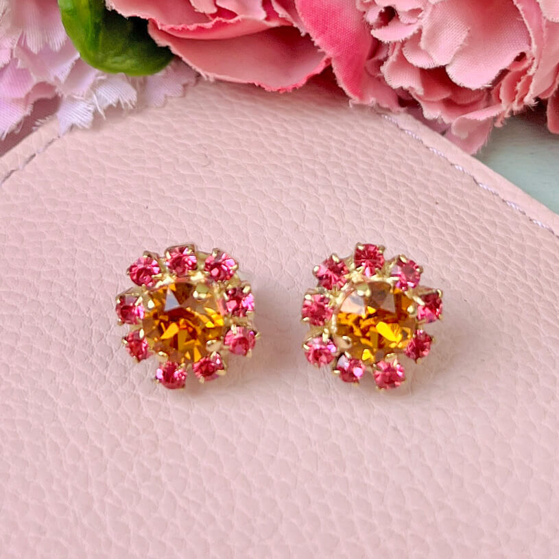 Funkelnde BlütenOhrringe mit orangen und pinken Glas-Kristallen