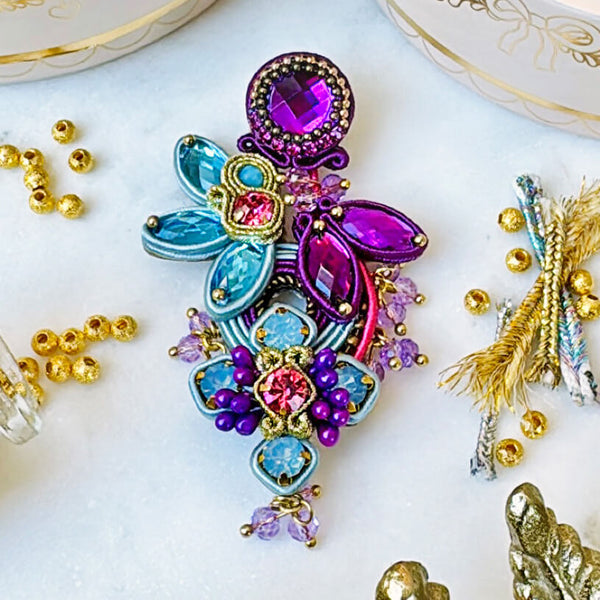 Große Soutache-Ohrringe in Magenta und Hellblau