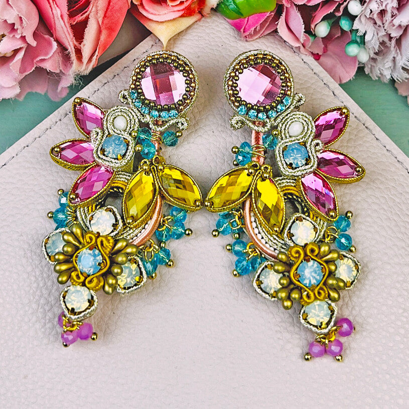 Große Soutache-Ohrringe in Blau, Pink und Gelb