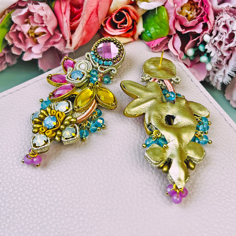 Große Soutache-Ohrringe in Blau, Pink und Gelb