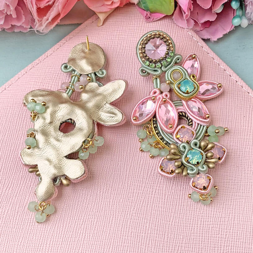 Große Soutache-Ohrringe in Zartrosa und Mintgrün