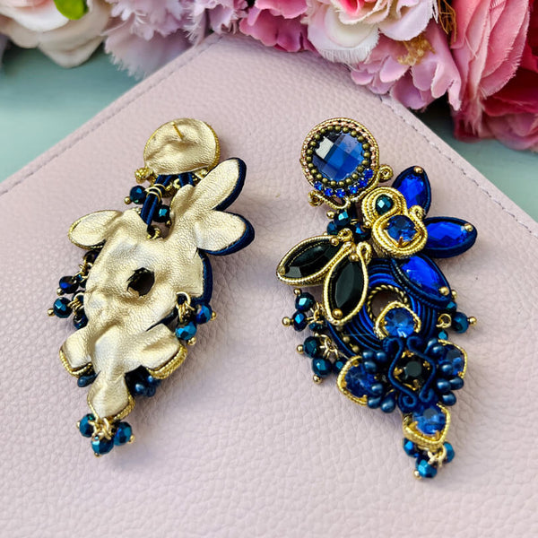 Große Soutache-Ohrringe in Dunkelblau und Gold