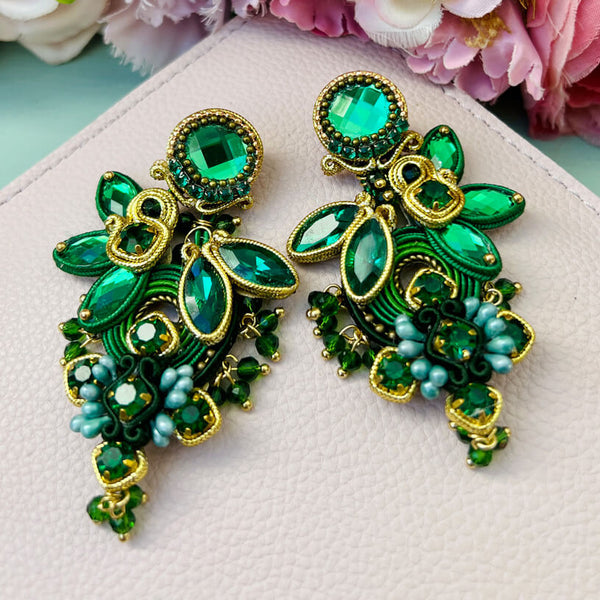 Große Soutache-Ohrringe in Dunkelgrün und Gold