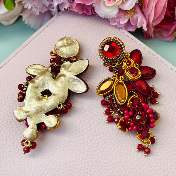Große Soutache-Ohrringe in Dunkelrot und Gold