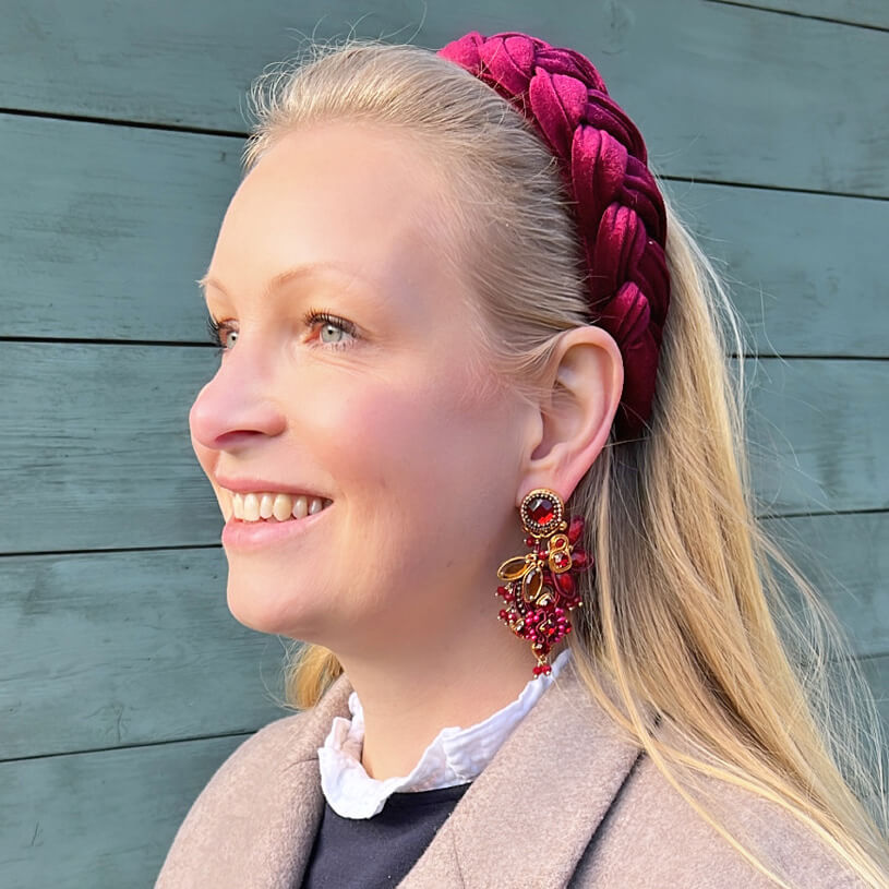Große Soutache-Ohrringe in Dunkelrot und Gold