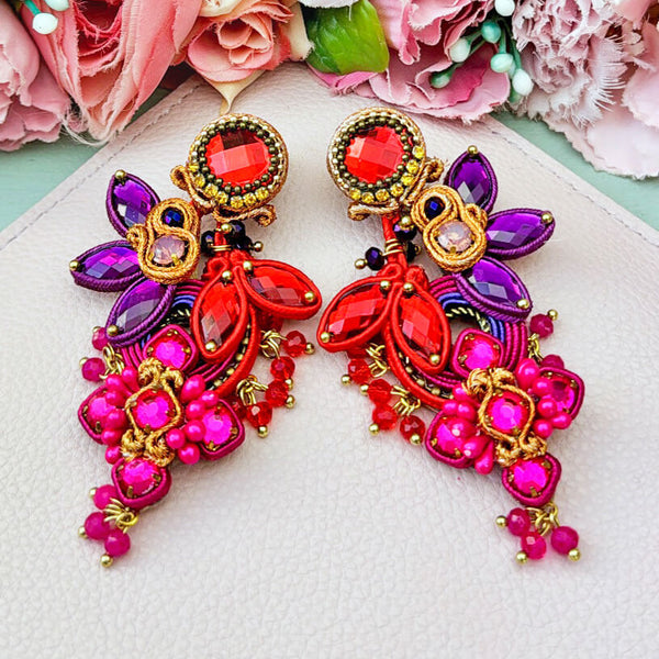 Große Soutache-Ohrringe in Orange, Pink, Rot und Violett