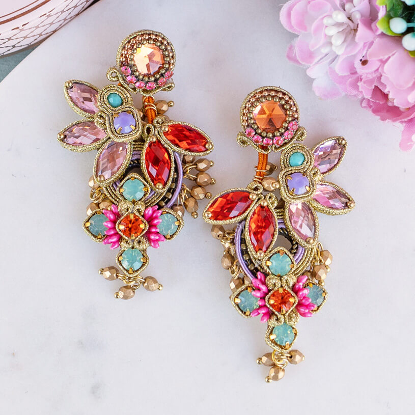 Große Soutache-Ohrringe in Orange, Flieder, Rosa und Türkis
