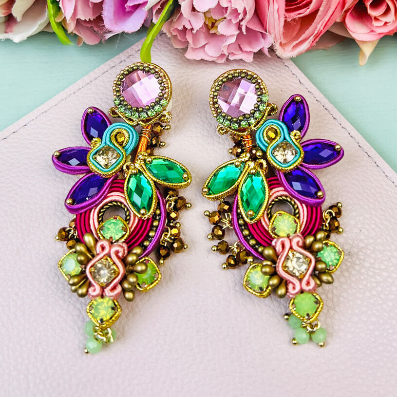 Große Soutache-Ohrringe in Rosa, Magenta- und Grüntönen
