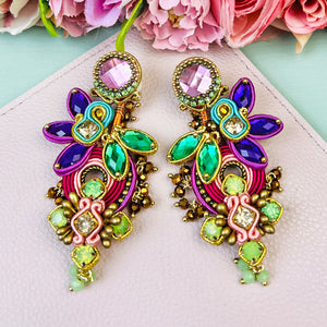 Große Soutache-Ohrringe in Rosa, Magenta- und Grüntönen