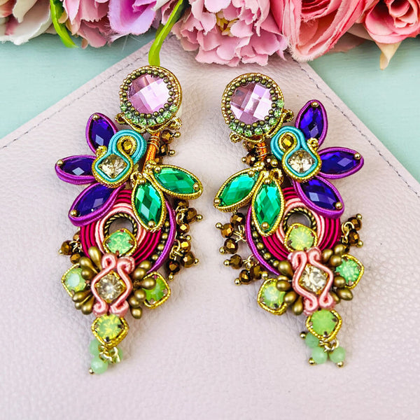 Große Soutache-Ohrringe in Rosa, Magenta- und Grüntönen