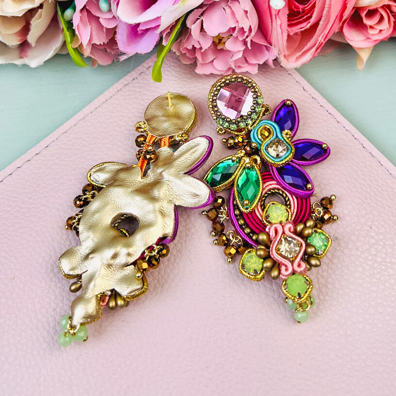 Große Soutache-Ohrringe in Rosa, Magenta- und Grüntönen