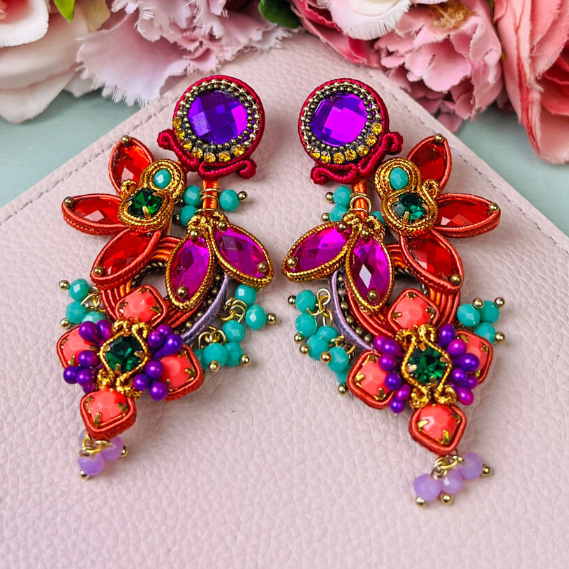 Große Soutache-Ohrringe in Orange, Violett und Pink