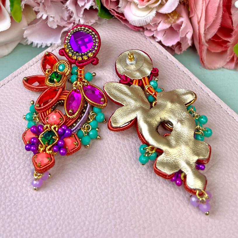 Große Soutache-Ohrringe in Orange, Violett und Pink