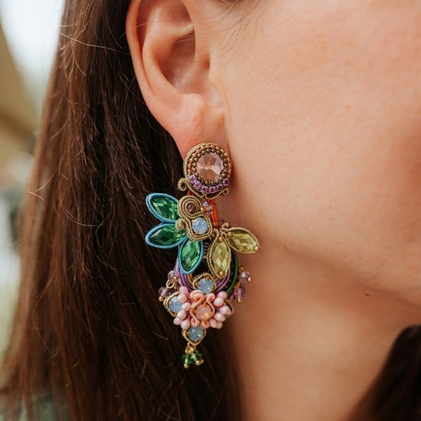 Große Soutache-Ohrringe in pastelligem Rosa, Flieder und Grün