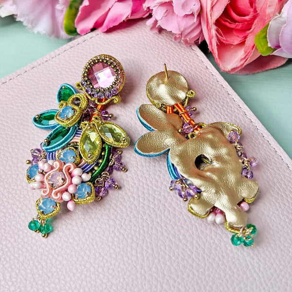 Große Soutache-Ohrringe in pastelligem Rosa, Flieder und Grün