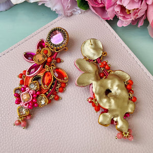 Große farbenfrohe Soutache-Ohrstecker in Orange und Pink