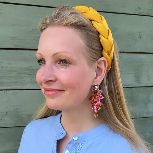 Große farbenfrohe Soutache-Ohrstecker in Orange und Pink