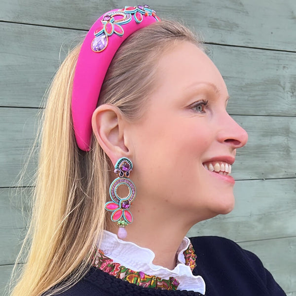 Opulente Soutache-Ohrringe in leuchtendem Pink, Türkis und Flieder