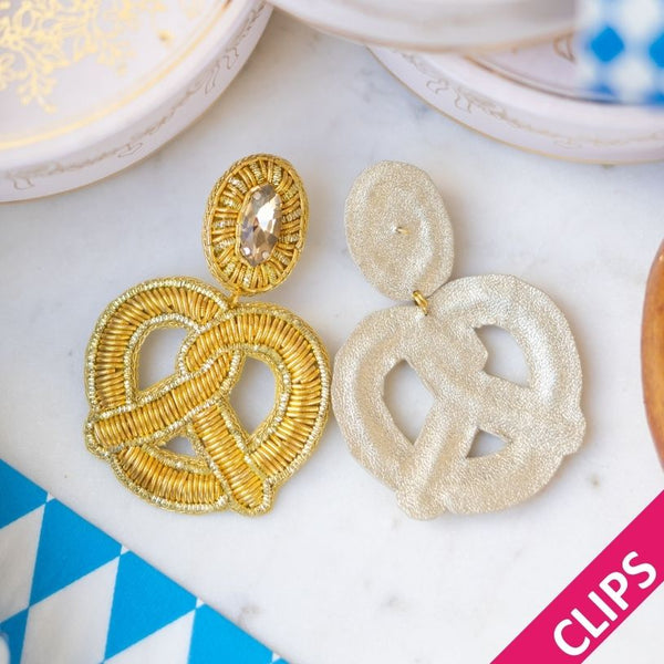 Auffällige Soutacheohrclips als goldene Bretzel