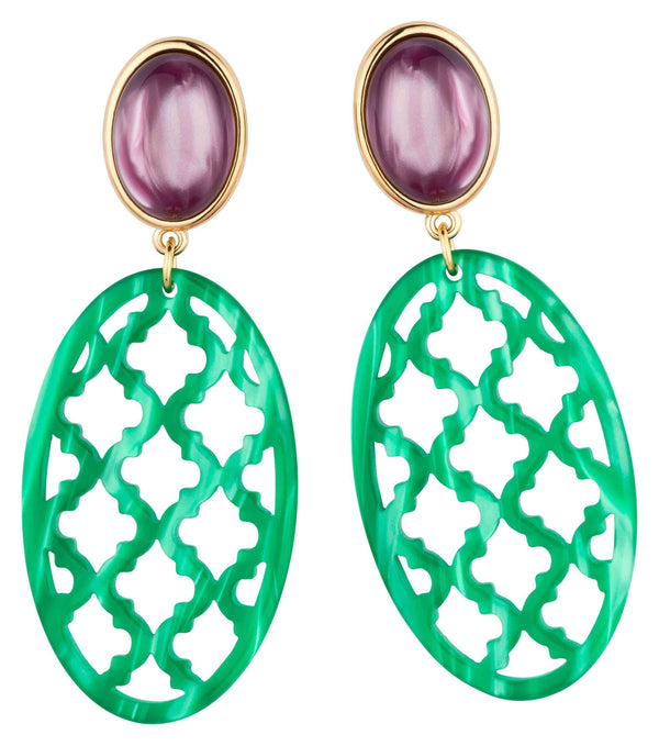 Vergoldete Ohrstecker in amethystfarbem mit wunderschönem schimmerndem dunkelgrünen Oval im Marrakesch-Stil