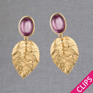 Amethystfarbene Ohrclips mit goldenem Blatt von AmuseToi