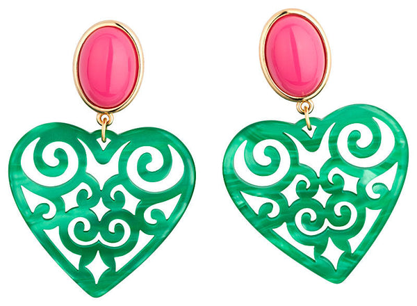 Schöne Herz-Ohrringe mit pinken Ohrsteckern und dunkelgrünen Herz-Ornamenten von AmuseToi