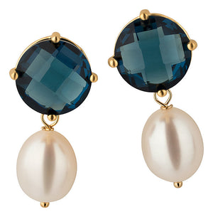 Set aus dunkelblauen Ohrsteckern mit Süßwasserperle und Armreif mit dunkelblauen Glas-Kristallen