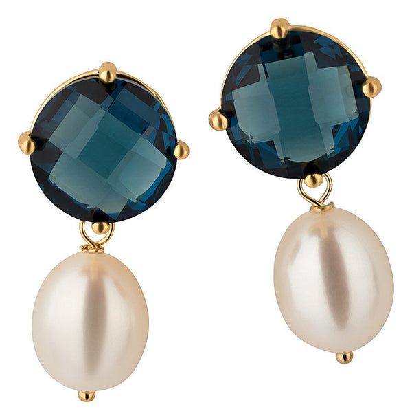 Set aus dunkelblauen Ohrsteckern mit Süßwasserperle und Armreif mit dunkelblauen Glas-Kristallen