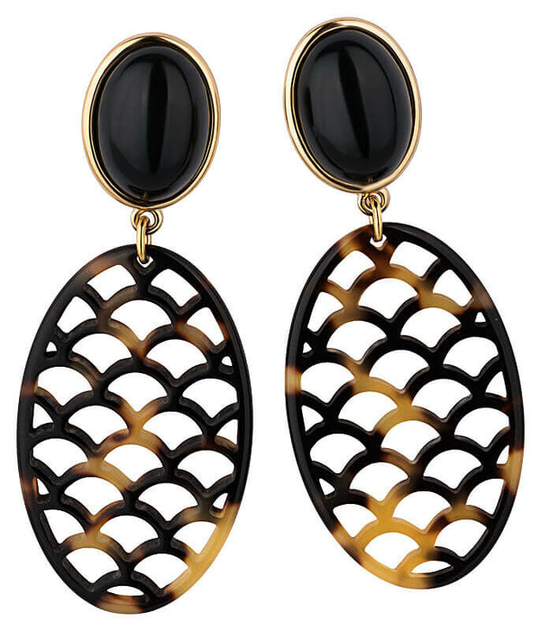 Schwarze Ohrclips mit Oval in dunkler Schildpatt-Optik im Marrakesch-Stil