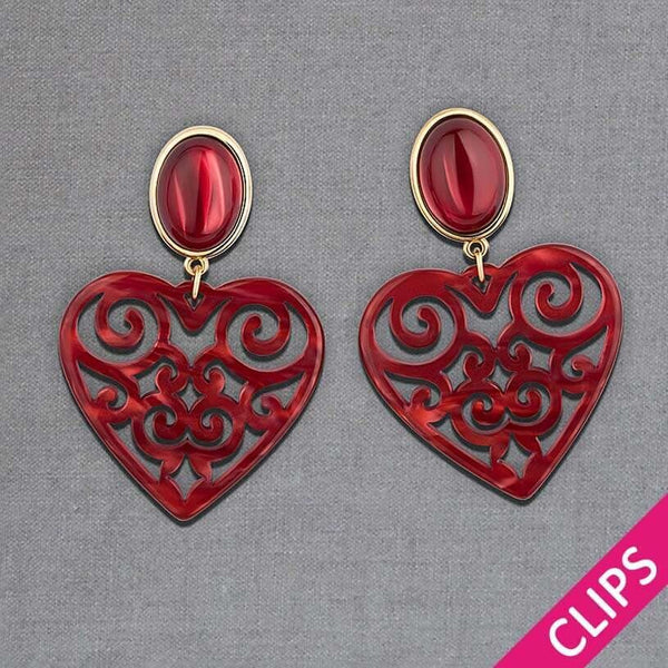 Schöne Ohrclips in schimmerndem Rot mit Herz-Ornamenten von AmuseToi