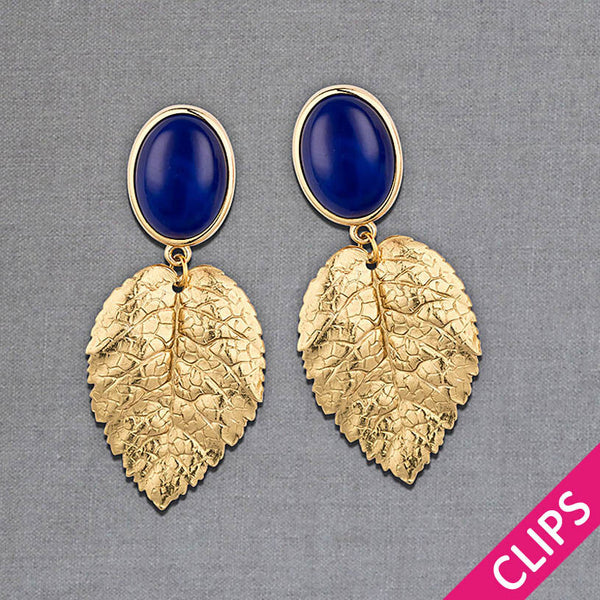 Ohrclips in Dunkelblau mit goldenen Blatt von AmsueToi