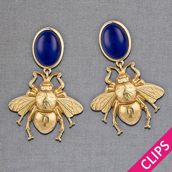Ohrclips in Dunkelblau mit vergoldeter Hummel von AmuseToi