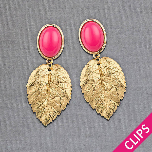 Ohrclips in Pink mit goldenen Blatt von AmuseToi