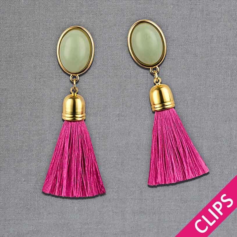 Quasten Ohrringe als Ohrclips in Jadegrün mit fuchsiafarbener Quaste von AmuseToi