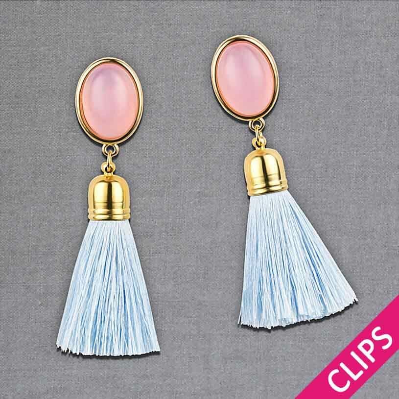 Quasten Ohrringe als Ohrclips in Rosa mit hellblauer Quaste von AmuseToi