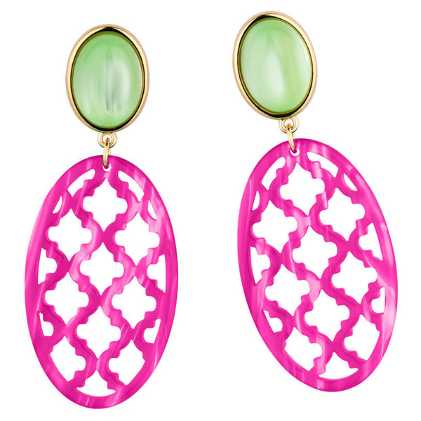 Vergoldete Ohrstecker in wunderschönem Hellgrün mit Oval in Pink im Marrakesch-Stil