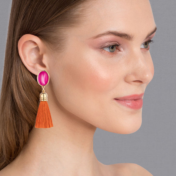 Vergoldete Ohrclips in Pink mit Quaste in Rostorange von AmuseToi