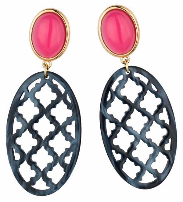 Vergoldete Ohrstecker in leuchtendem Pink mit schönem dunkelblauen Oval im Marrakesch-Stil von AmuseToi