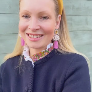 Auffällige Soutache-QuastenOhrringe in Pink, Türkis und Perlmutt