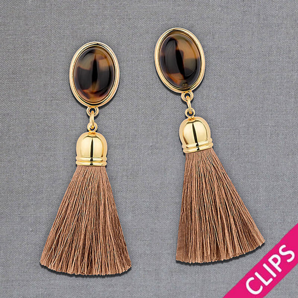 Vergoldeter Ohrclips in Schildpattfarben mit schöner Quaste in Beige AmuseToi
