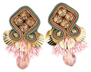 Schöne Soutache-Ohrstecker in Türkis, Gold und rosafarbenen Tropfen