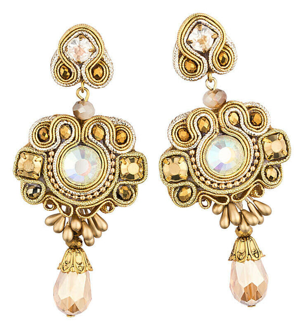 Golden glänzende Soutache-Ohrstecker mit Glitzer-Steinen