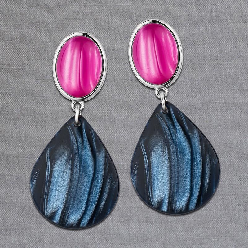 Silberfarbene pinke Ohrstecker mit dunkelblauen Tropfen von AmuseToi