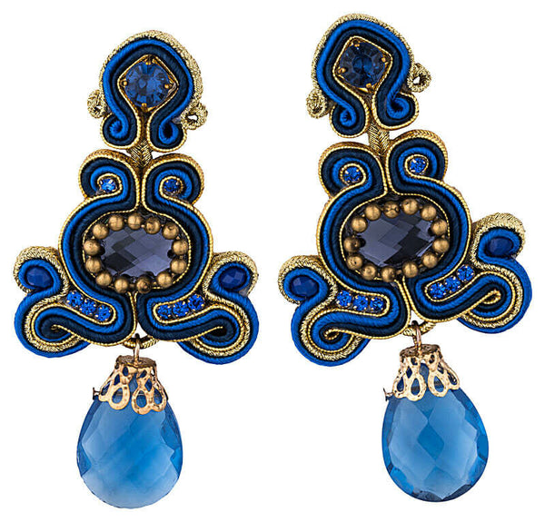 Schöne Soutache-Ohrringe in Dunkelblau und Gold
